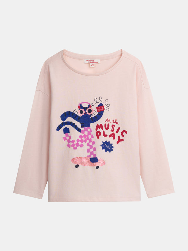 T-shirt Ecru a Maniche Lunghe con Animazione di Gatto per Ragazze