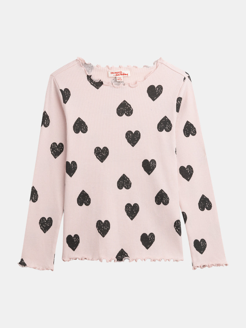 T-shirt rosa a maniche lunghe con stampa a cuore per ragazze