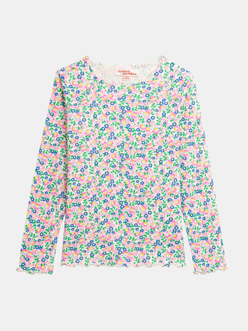 T-shirt écru a maniche lunghe con stampa floreale per ragazze