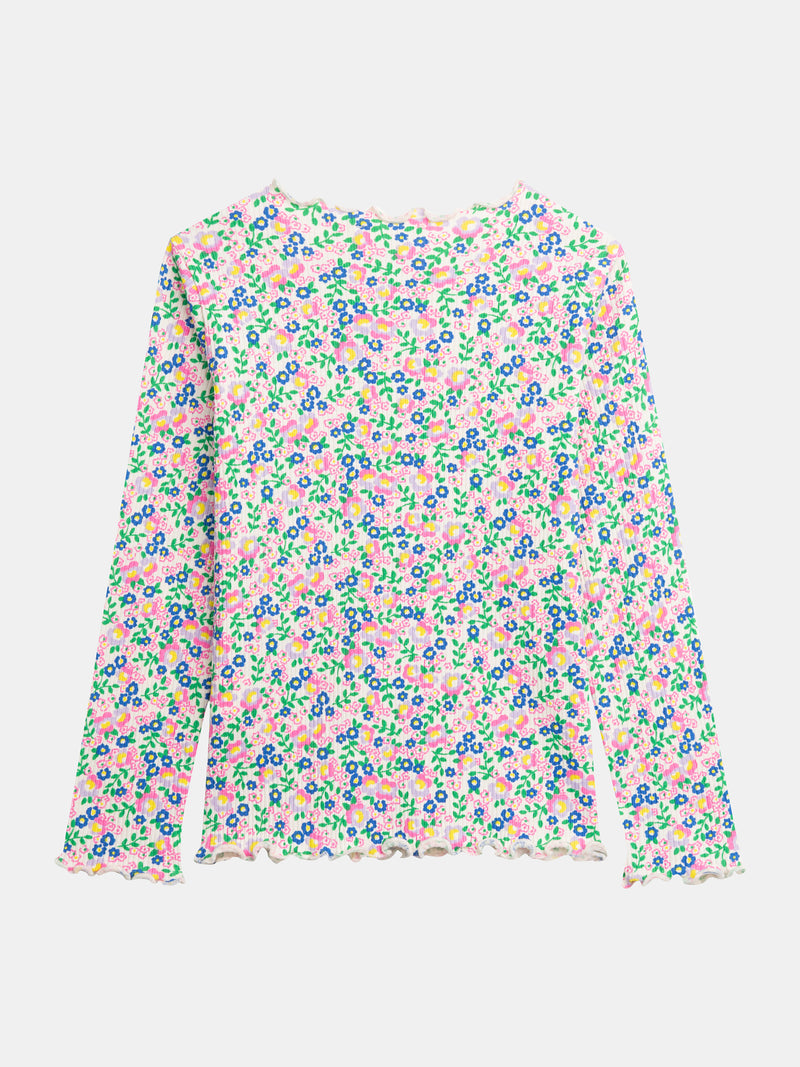 T-shirt écru a maniche lunghe con stampa floreale per ragazze