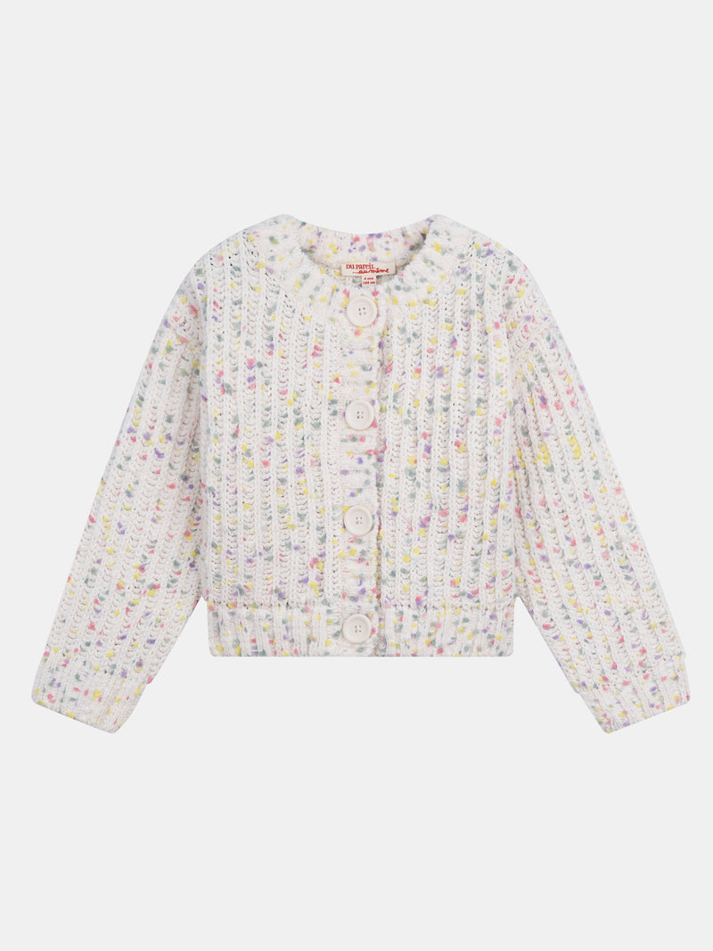 Cardigan blanc cassé en tricot avec petites boules multicolores pour fille
