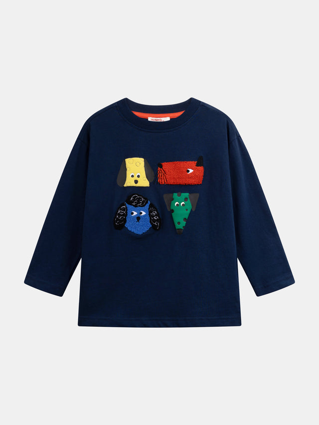 T-shirt blu marina con animazione delle teste di cane per ragazzi