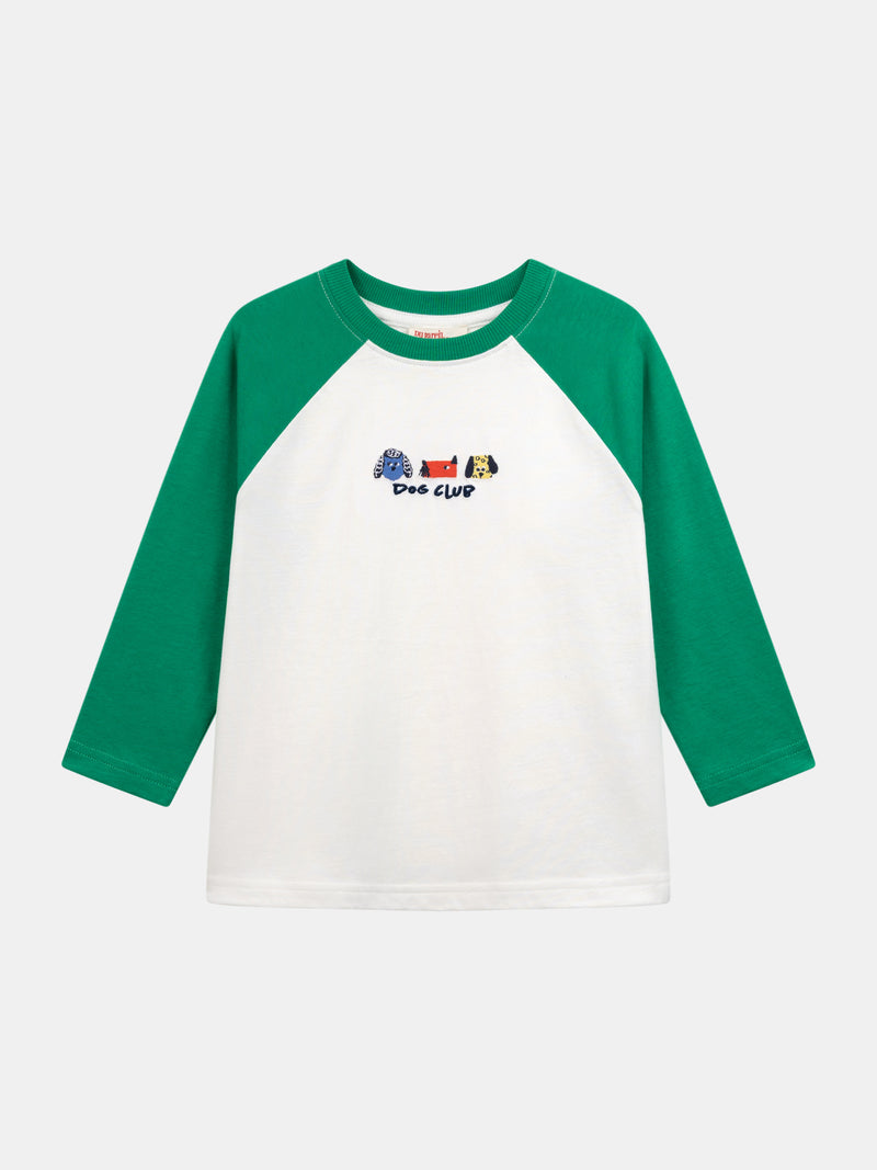 T-shirt crema a maniche lunghe con maniche verdi e ricamo di teste di cane per ragazzo