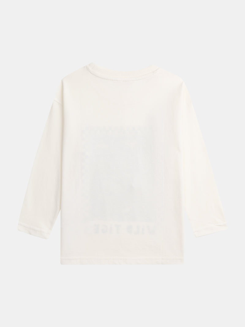 T-shirt ecru a maniche lunghe con animazione di tigre per ragazzi