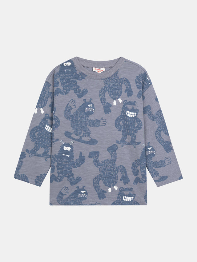 T-shirt a maniche lunghe blu con stampa di yeti per ragazzi