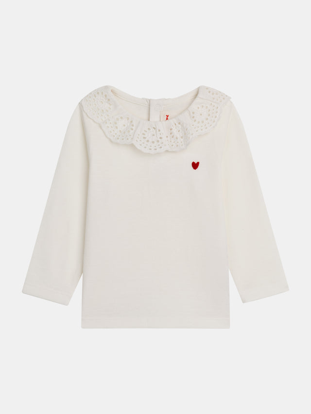T-shirt écru con colletto ricamato "ARTY SCHOOL" per bambina