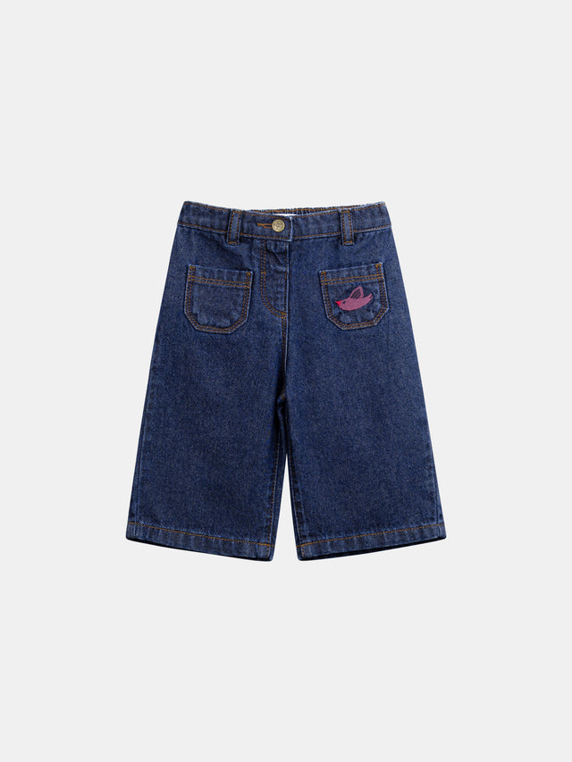 Pantaloni in denim scuro ricamati "ARTY SCHOOL" per bambine