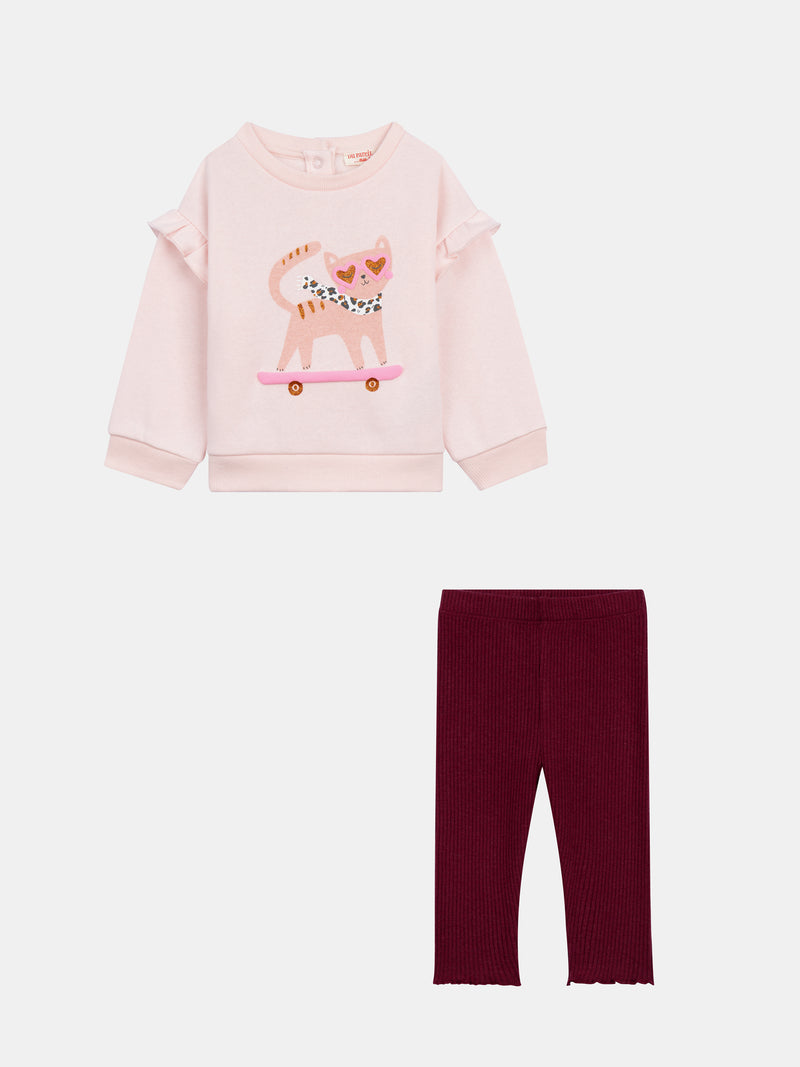 Set felpa rosa "Skater Cat" e leggings a coste prugna per bambina