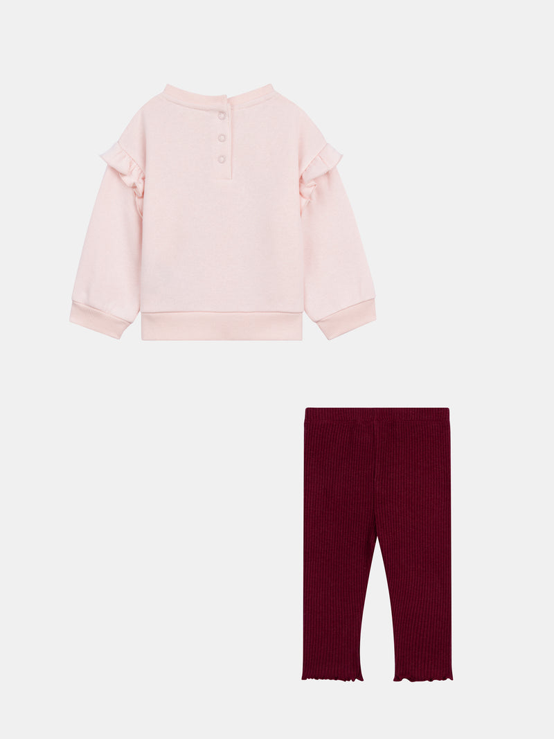 Set felpa rosa "Skater Cat" e leggings a coste prugna per bambina