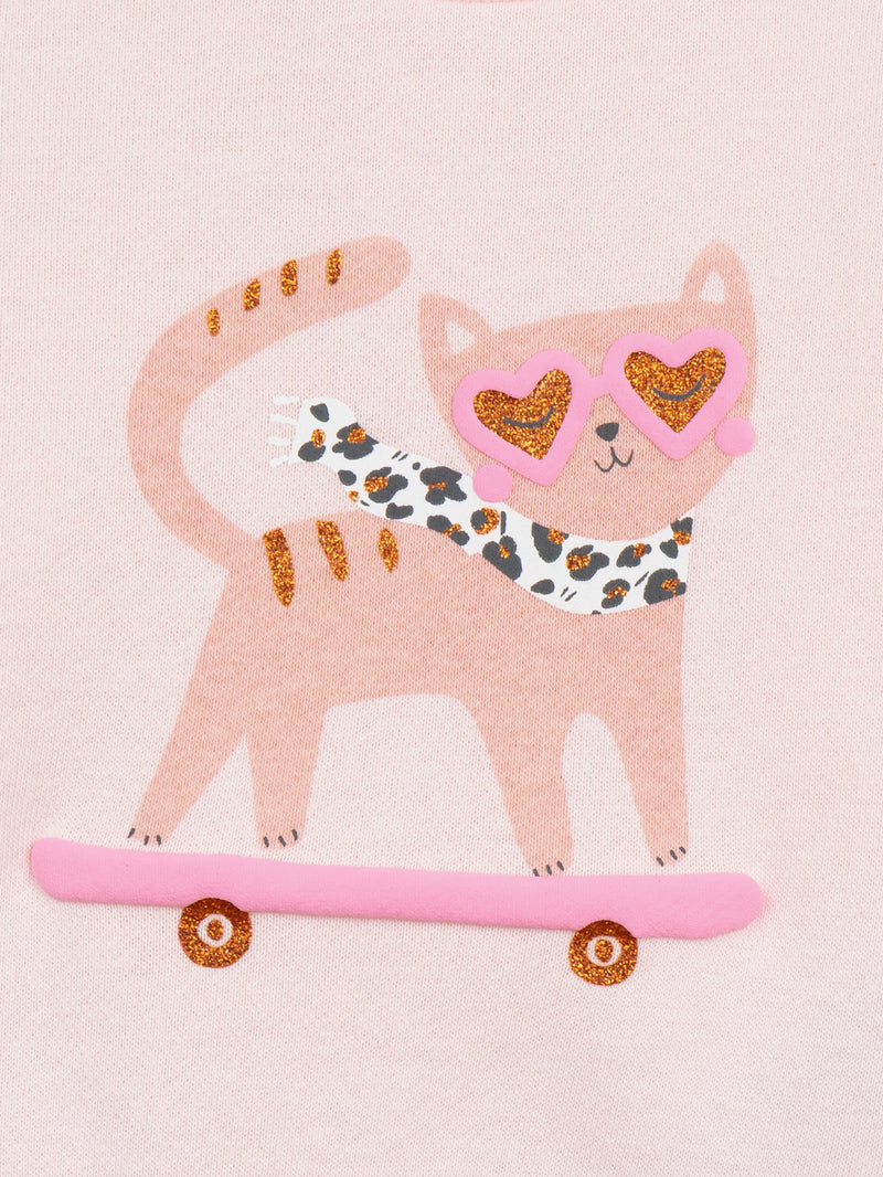 Set felpa rosa "Skater Cat" e leggings a coste prugna per bambina