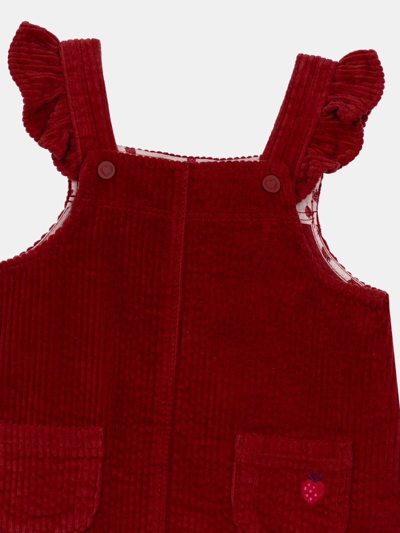 Vestito a salopette in velluto cordonato rosso mattone per neonata