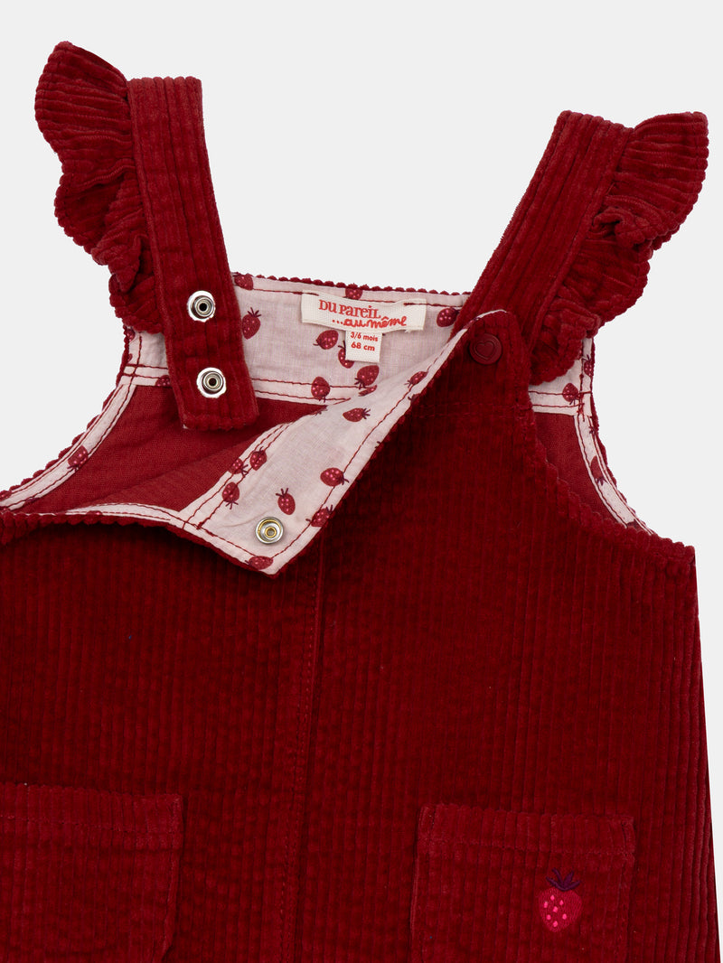 Vestito a salopette in velluto cordonato rosso mattone per neonata