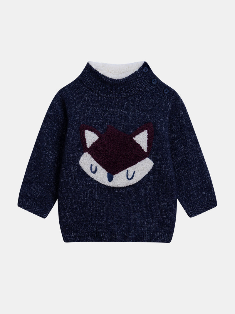 Pull tricot bleu nuit avec col douillet et motif renard pour bébé garçon