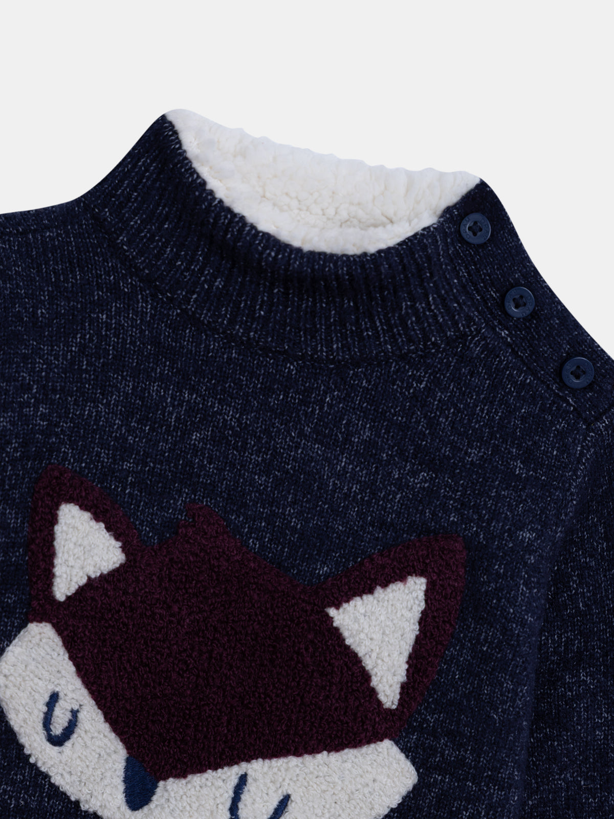 Pull tricot bleu nuit avec col douillet et motif renard pour bébé garçon