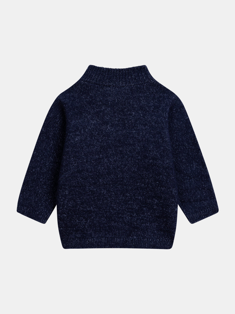 Pull tricot bleu nuit avec col douillet et motif renard pour bébé garçon