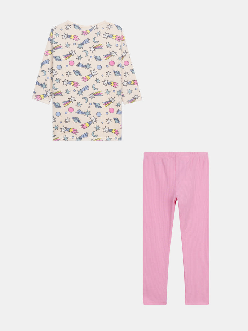 Pigiama a 2 pezzi in velluto e leggings con stampa galassia per ragazze