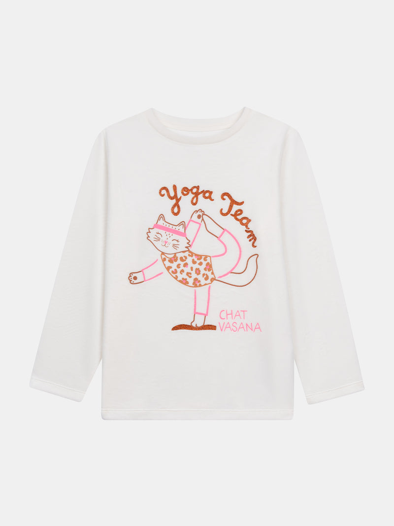 Pigiama ecru e rosa in velluto "Cat Yoga Team" per bambina