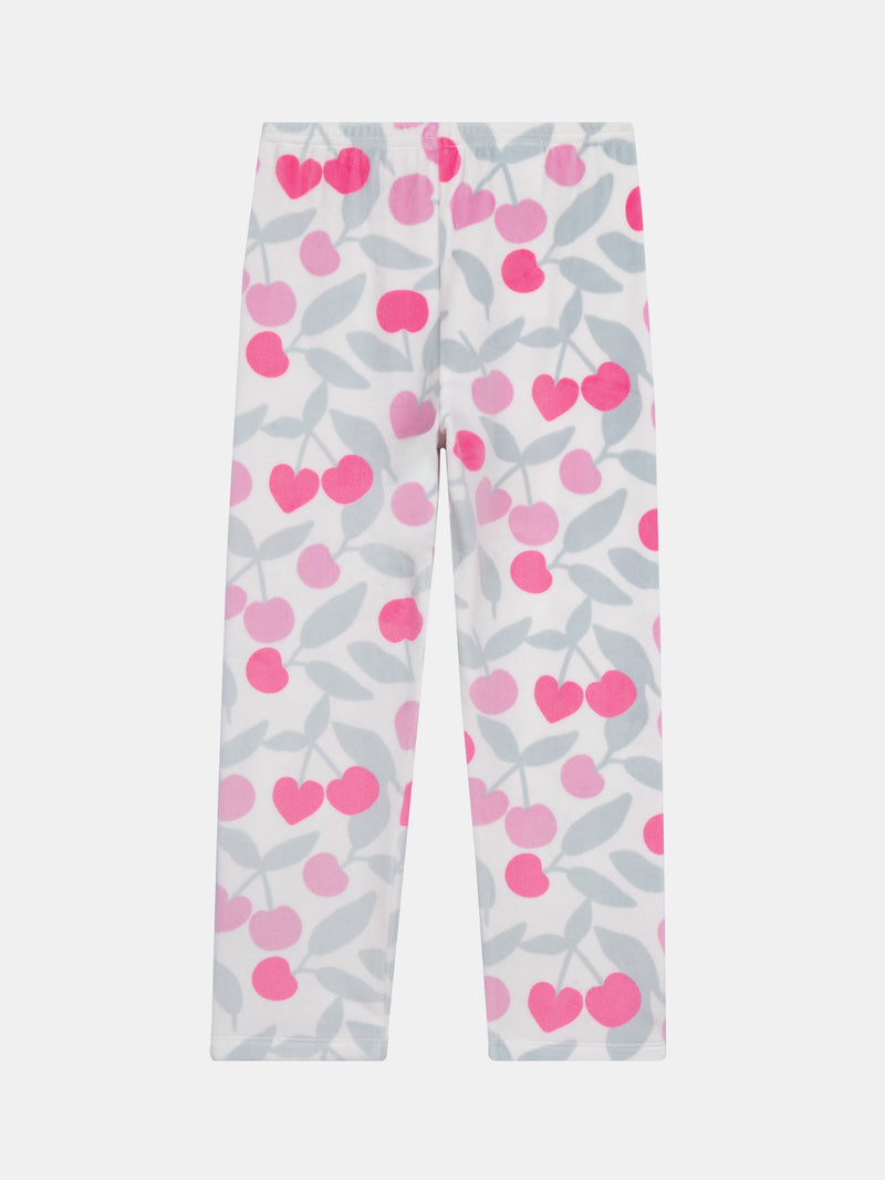 Pyjama volanté en velours ultra-doux écru motif cerises & détails fluo pour enfant fille