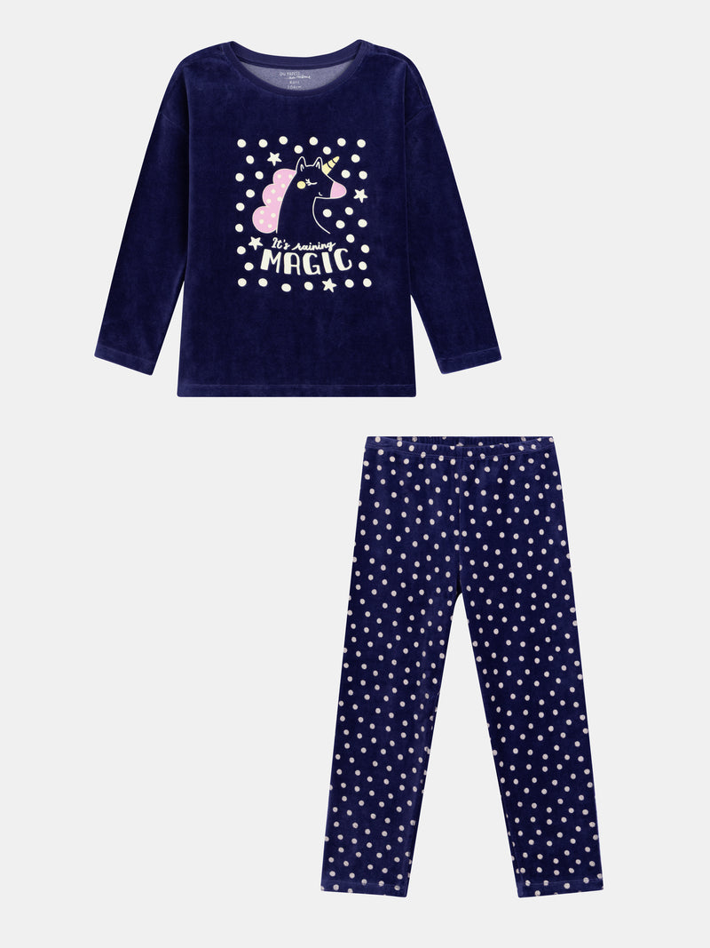 Pigiamas in velluto blu marino "It's raining MAGIC" con dettagli fosforescenti per bambina