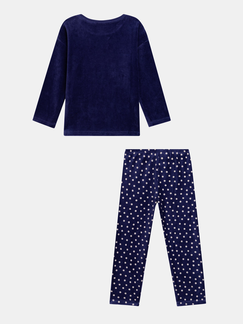 Pigiamas in velluto blu marino "It's raining MAGIC" con dettagli fosforescenti per bambina