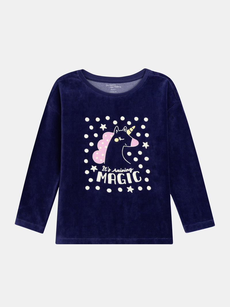 Pigiamas in velluto blu marino "It's raining MAGIC" con dettagli fosforescenti per bambina