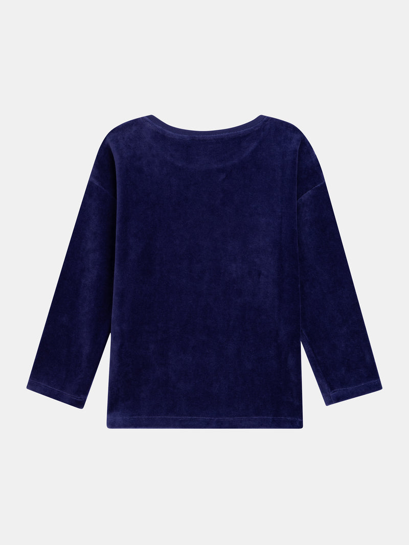 Pigiamas in velluto blu marino "It's raining MAGIC" con dettagli fosforescenti per bambina