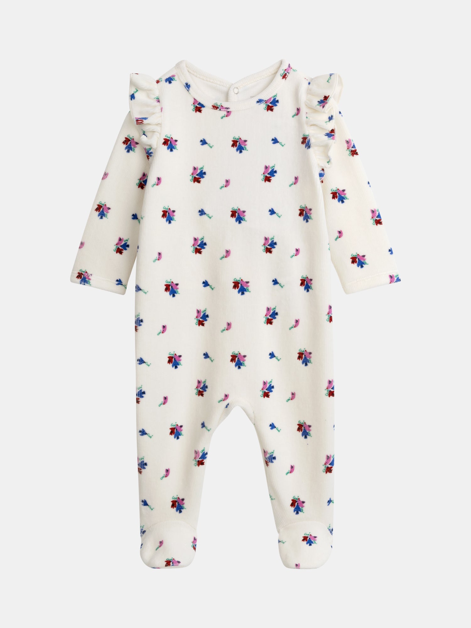 Tutina crema con volantini e motivi di piccoli uccelli e fiori per bambina