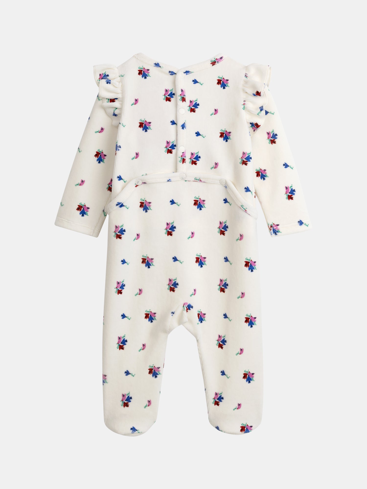 Tutina crema con volantini e motivi di piccoli uccelli e fiori per bambina
