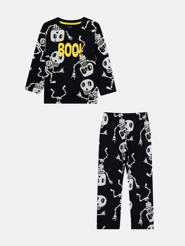 Pigiama 2 pezzi fosforescente con scheletri « BOO! » per bambino