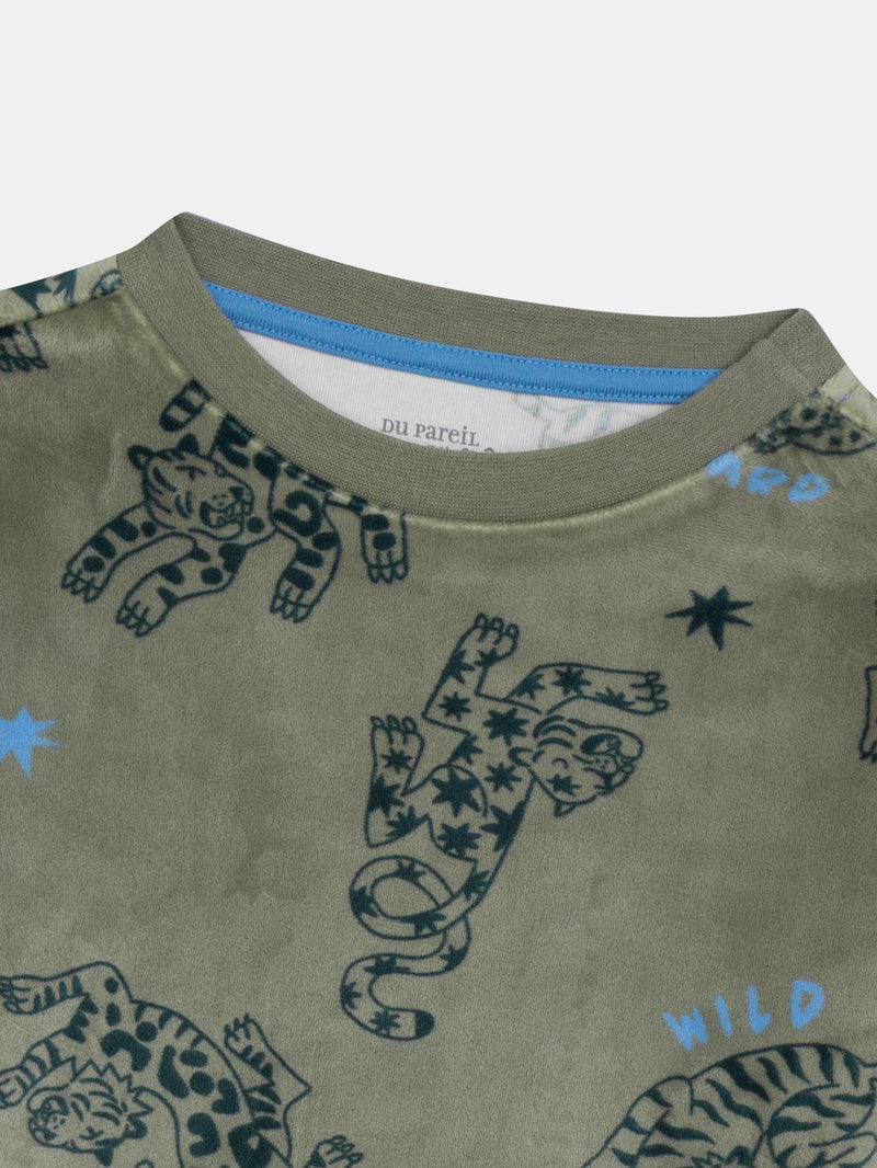 Pigiama 2 pezzi in velluto elastico con stampa di leopardo per bambino