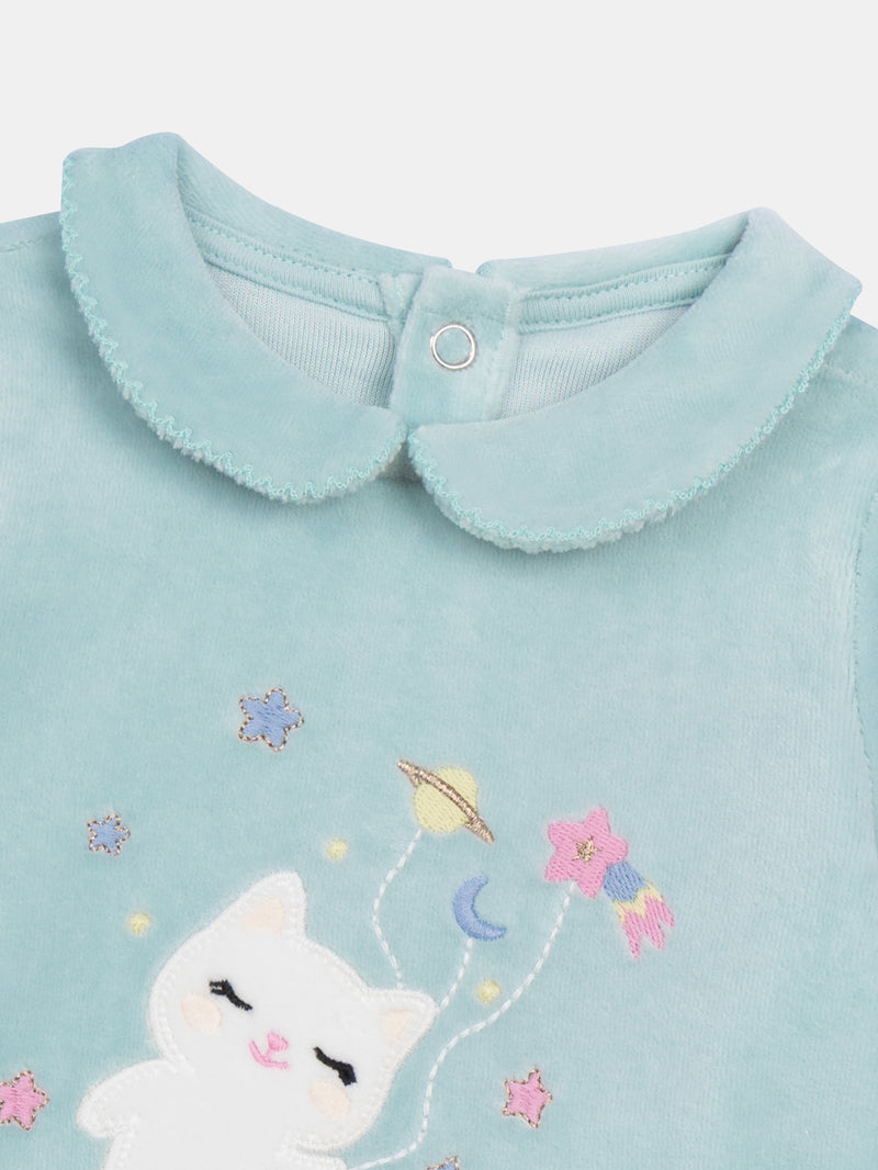 Grenouillère en velours bleu imprimé intégrale spacial & motif chat pour bébé fille