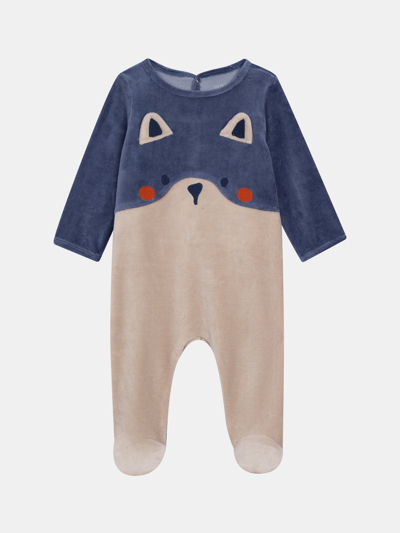 Salopette in velluto blu oceano e beige con motivo volpe per bambini