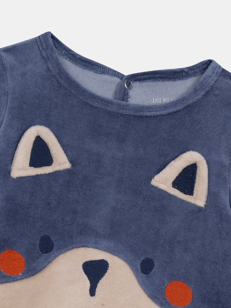 Salopette in velluto blu oceano e beige con motivo volpe per bambini