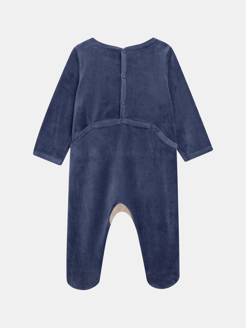 Salopette in velluto blu oceano e beige con motivo volpe per bambini