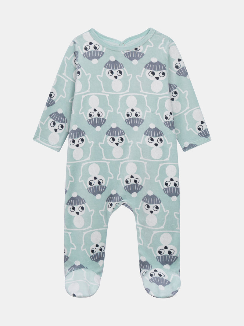 Tutina in velluto verde grigio con stampa di pinguini per bambino