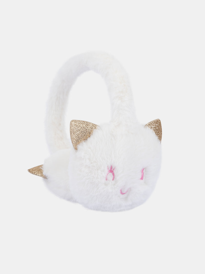 Cuffiette écru con motivo testa di gatto per ragazze