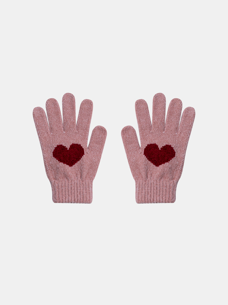 Guanti rosa in maglia con cuore rosso per ragazze