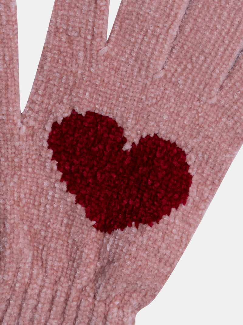 Guanti rosa in maglia con cuore rosso per ragazze