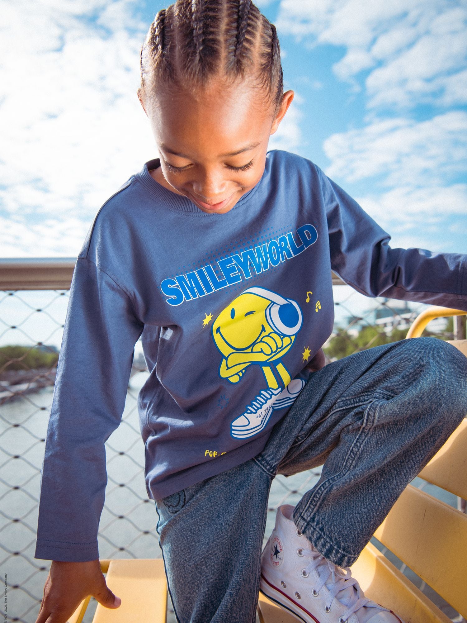 T-shirt blu a maniche lunghe con stampa SMILEYWORLD per ragazzi
