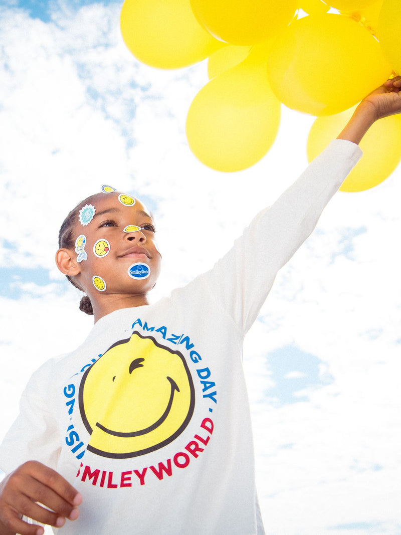 T-shirt Ecru a Maniche Lunghe con Stampa SMILEYWORLD per Bambini