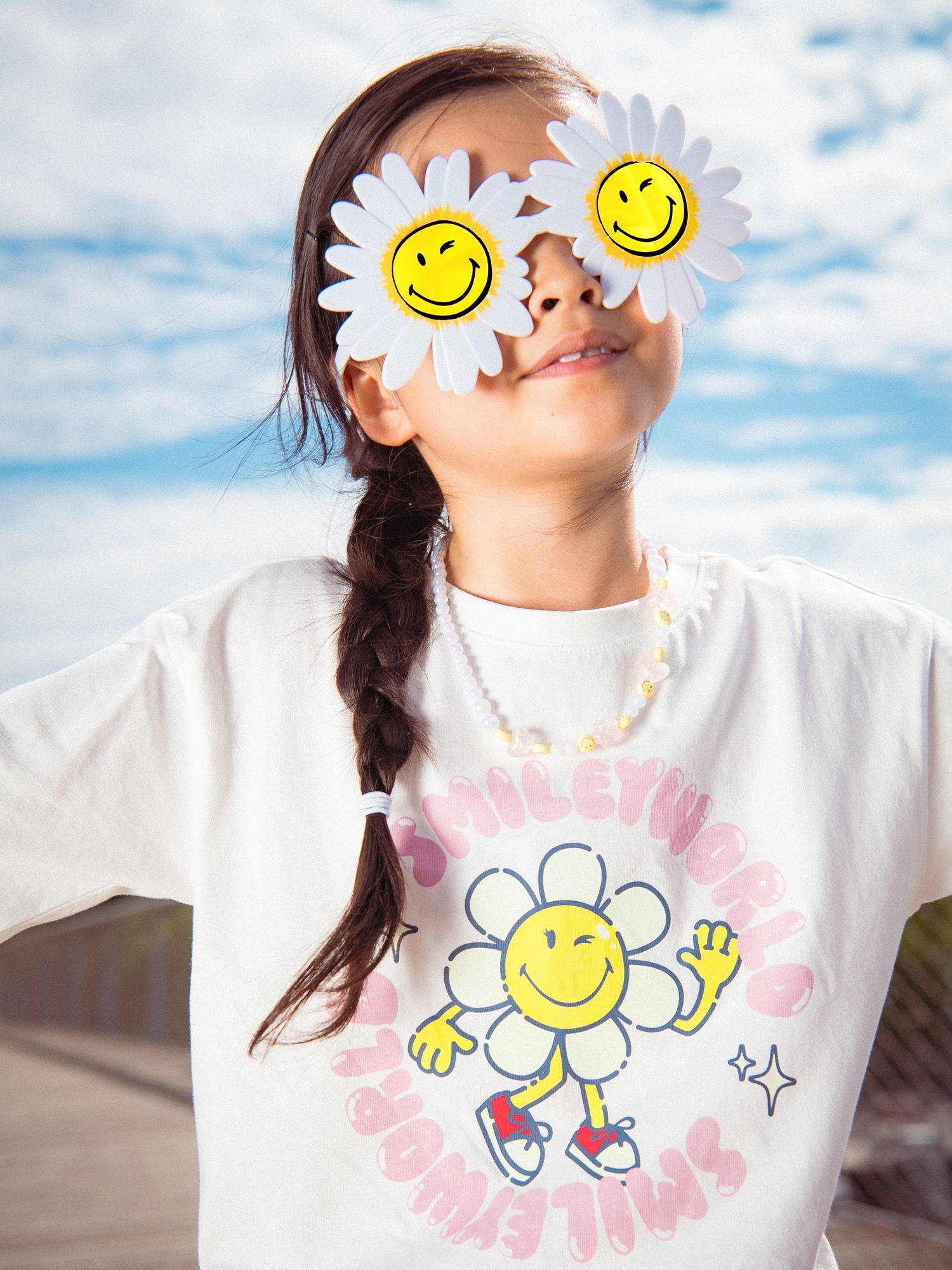 Maglietta ecru a maniche lunghe con stampa di fiore SMILEYWORLD per ragazze