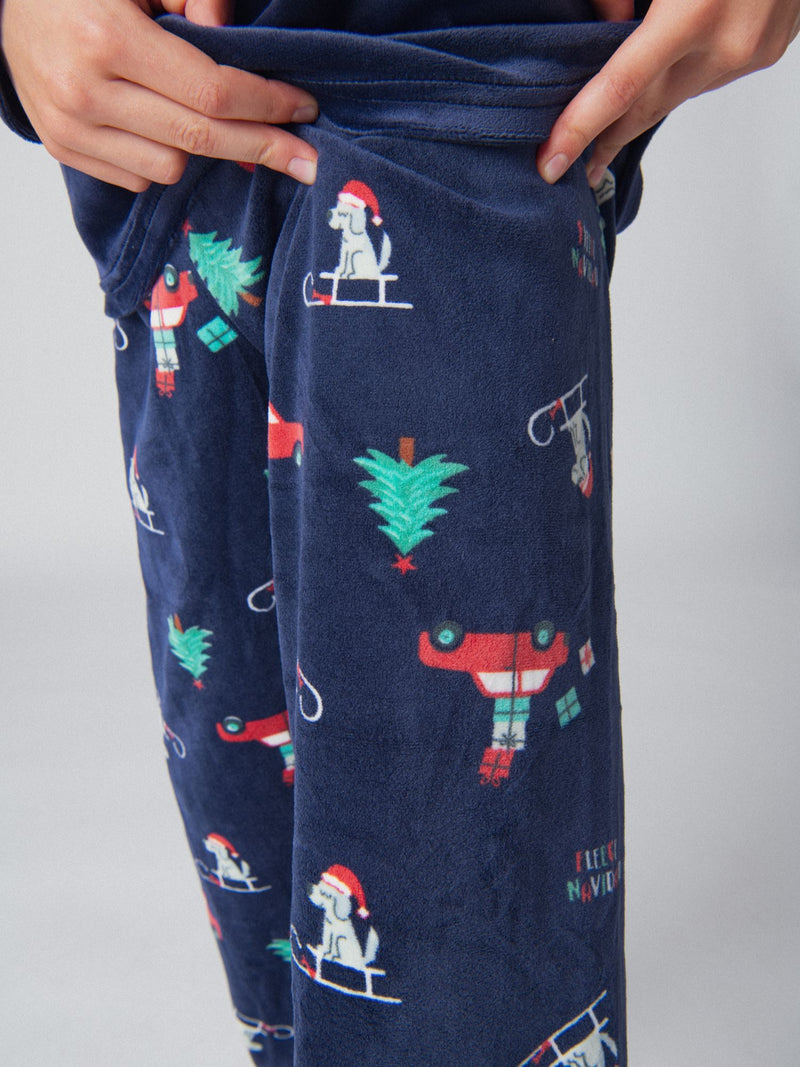 Pyjama 2 pièces bleu marine en velours Noël pour enfant garçon