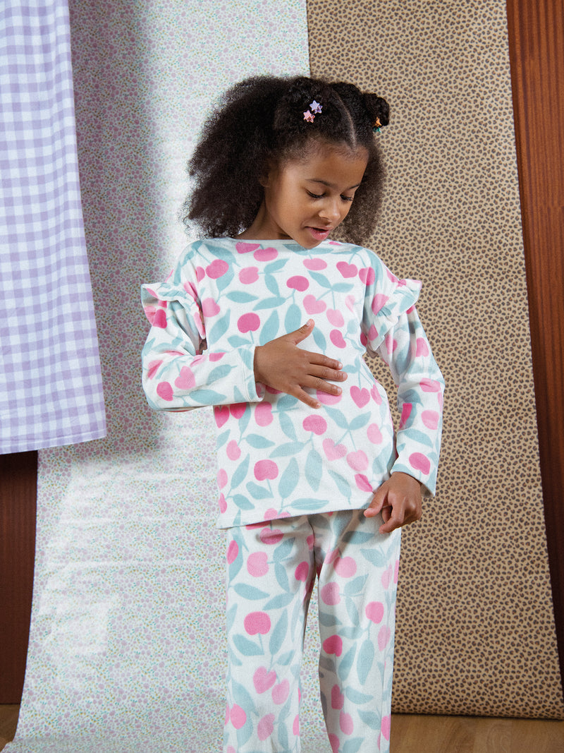 Pyjama volanté en velours ultra-doux écru motif cerises & détails fluo pour enfant fille