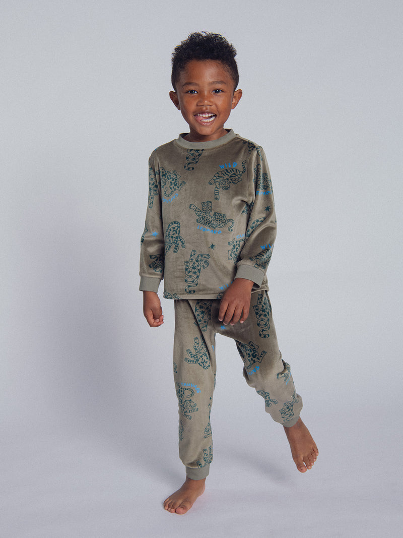 Pigiama 2 pezzi in velluto elastico con stampa di leopardo per bambino