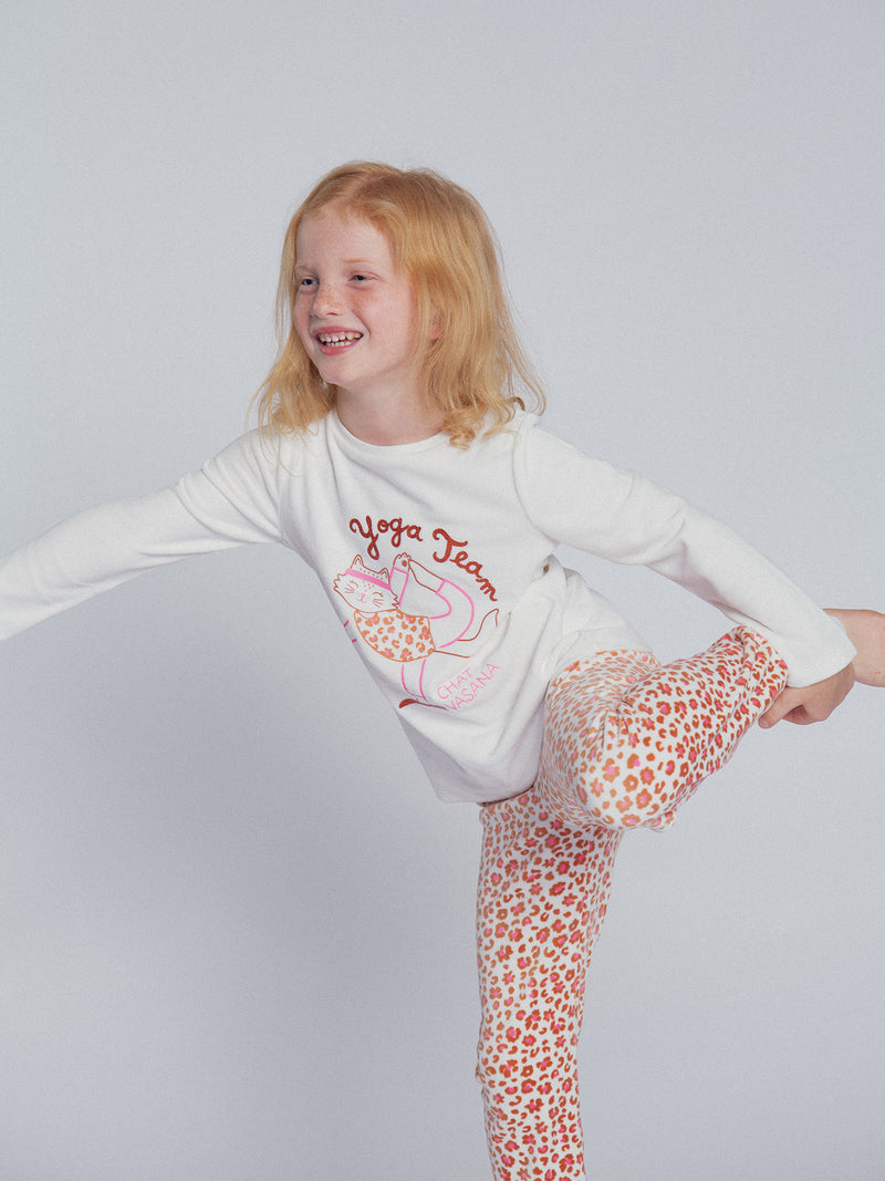 Pigiama ecru e rosa in velluto "Cat Yoga Team" per bambina