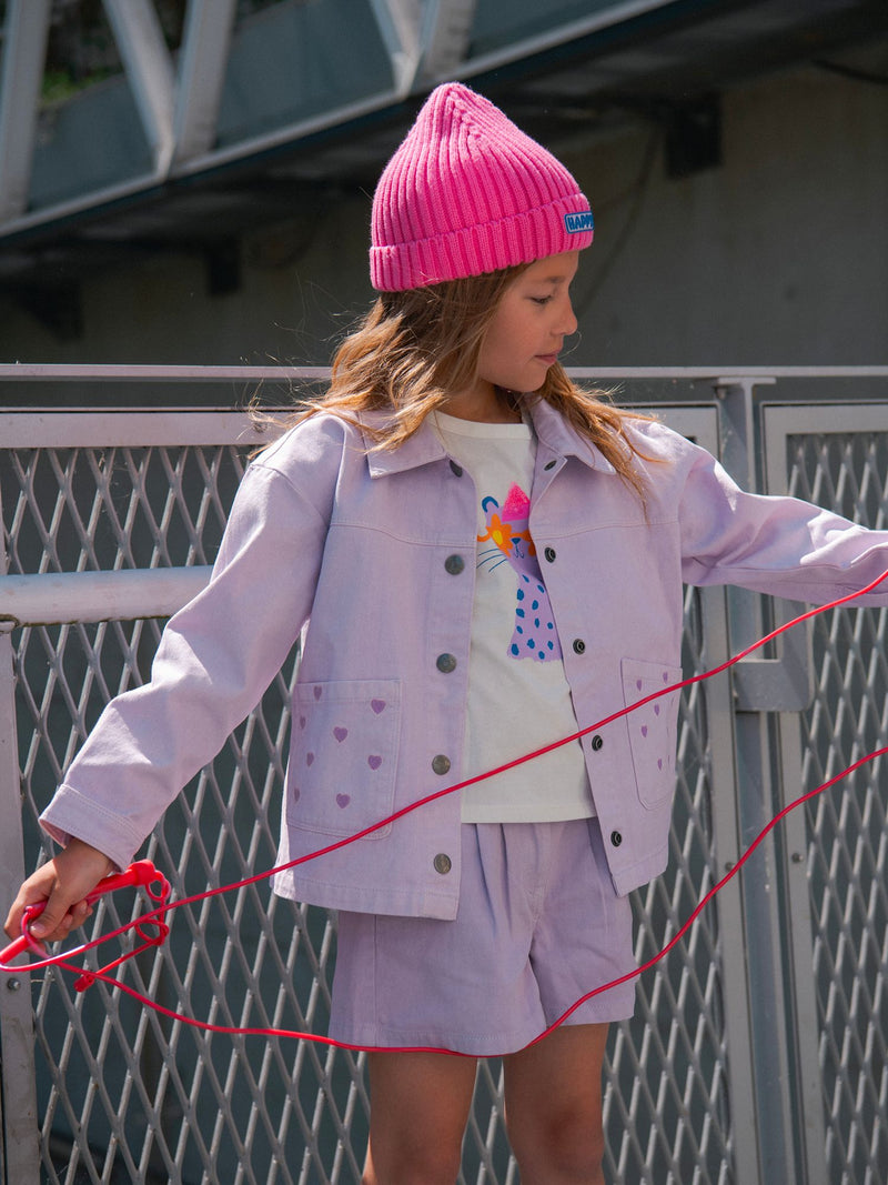 Veste violette à poches et broderies coeur pour fille