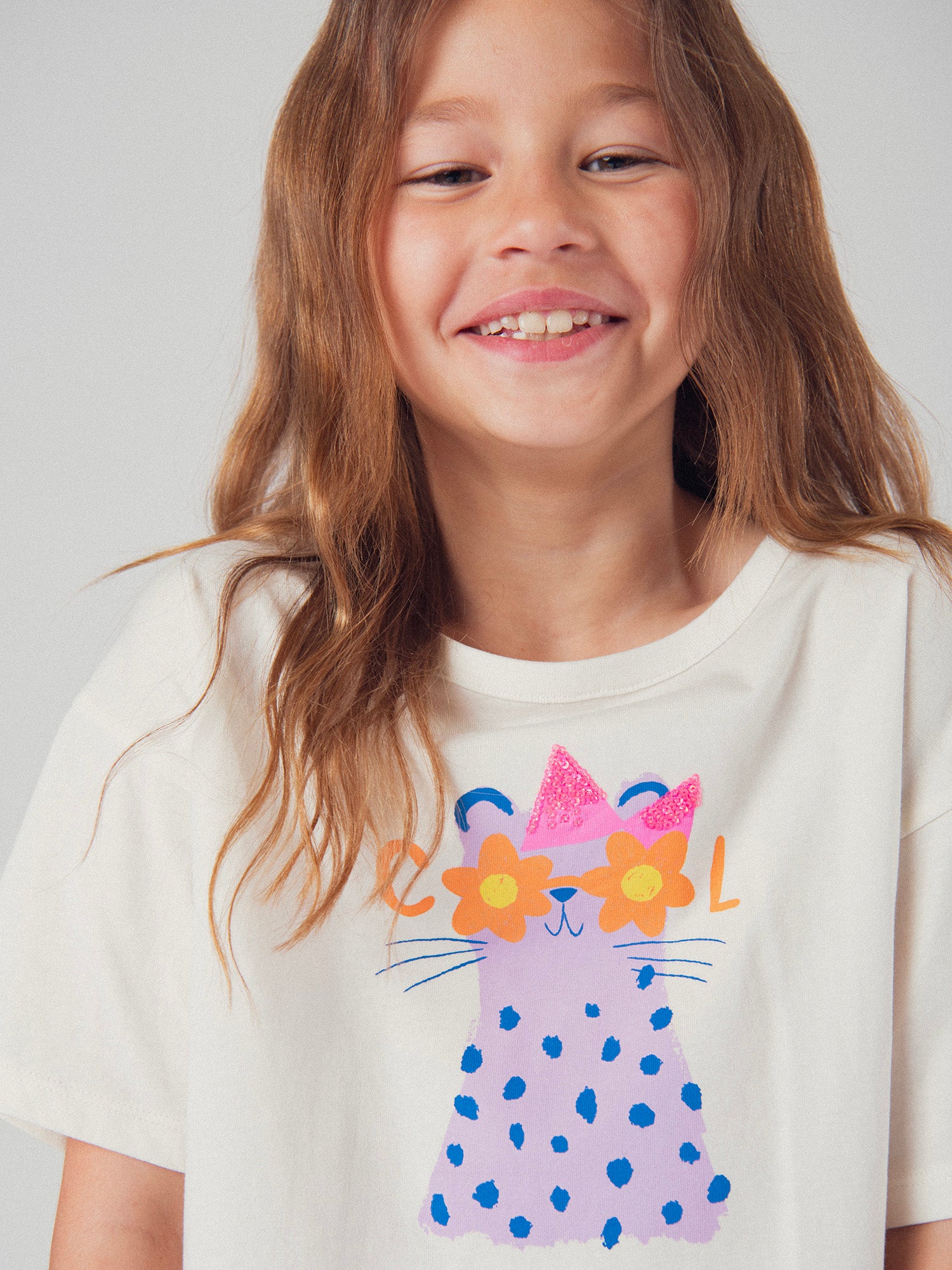 T-shirt ecru maniche corte con animazione animale per ragazze