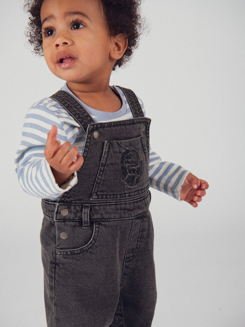 Salopette in denim grigia "Dinosauro" per bambino