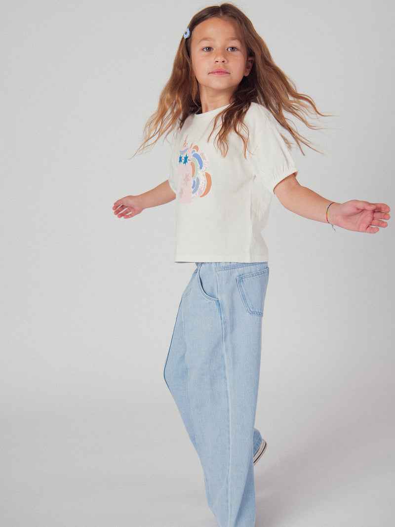 T-shirt ecru con animazione di testa di unicorno per ragazza