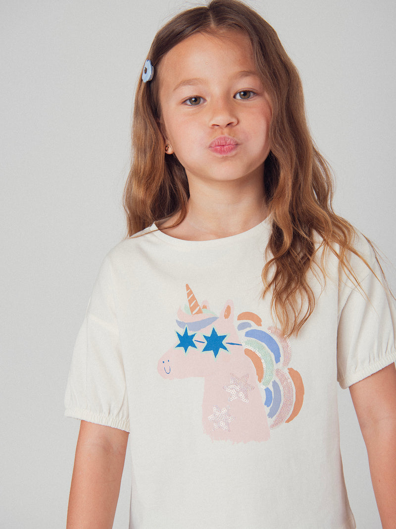 T-shirt ecru con animazione di testa di unicorno per ragazza